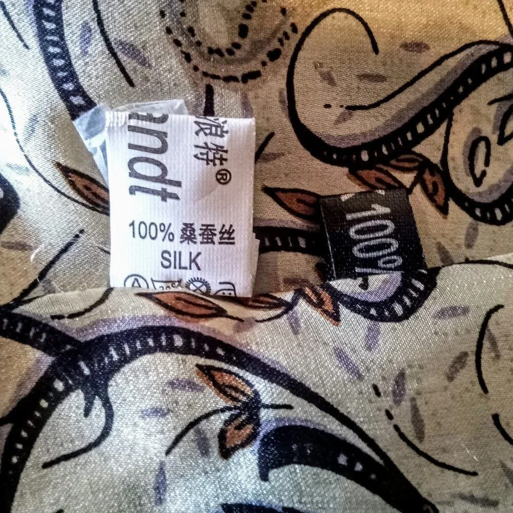Chinese Paisley Print Silk Oblong Fringed Scarf